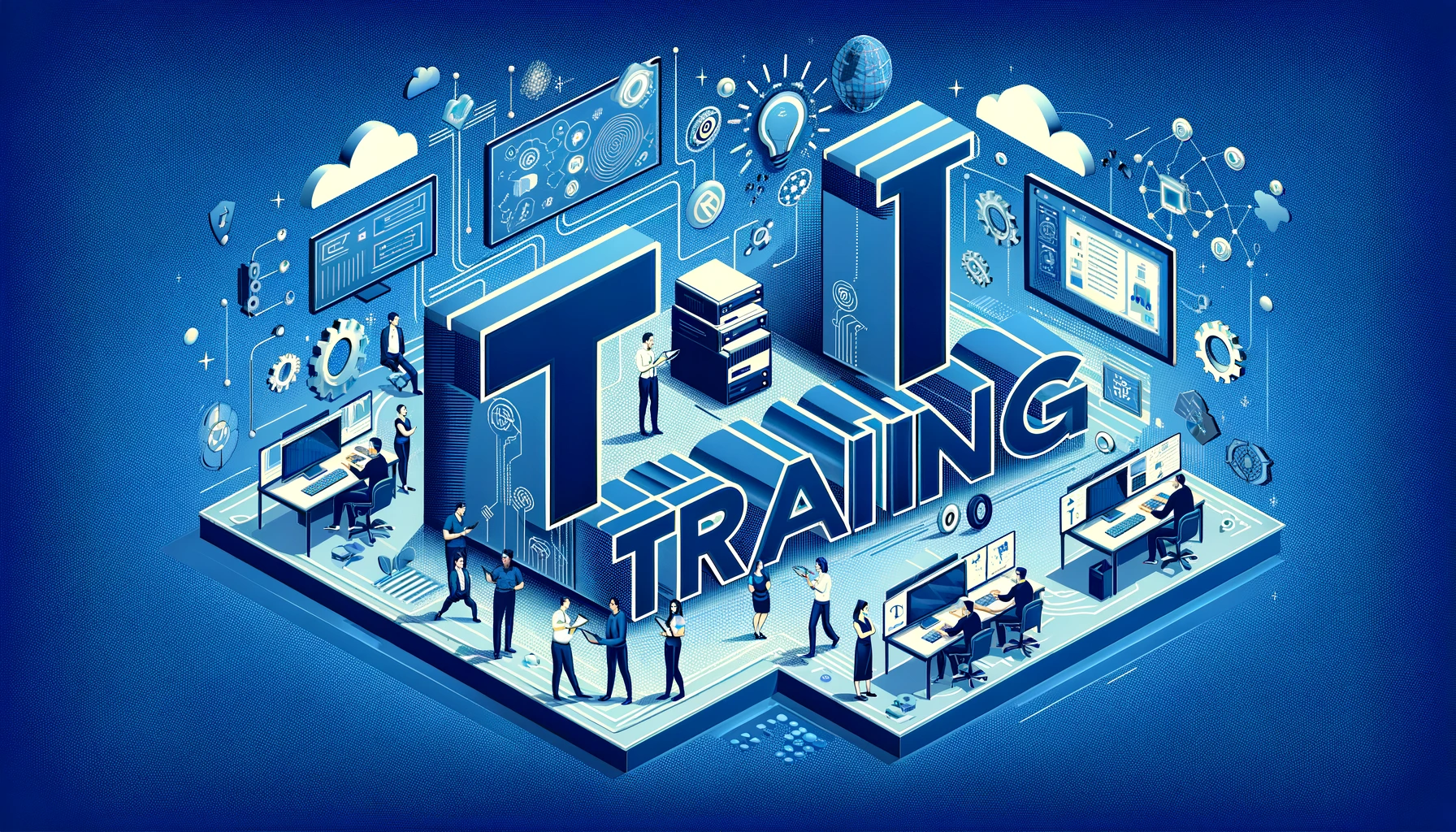 DALL·E 2024-05-10 01.00.15 - Create a compelling image representing 'IT Training' in a format of 500 by 333 pixels, suitable for a blue color layout. The image should prominently