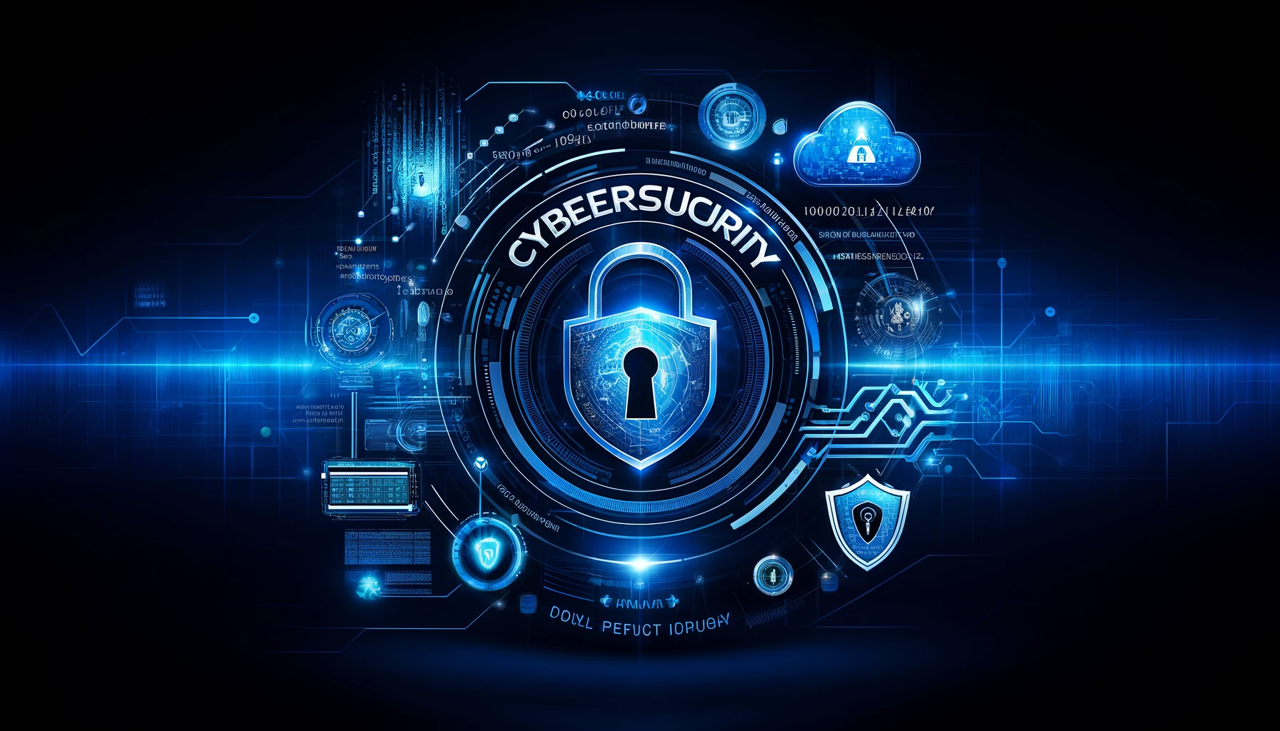 DALL·E 2024-05-10 01.08.38 - Create a dynamic and visually appealing image that represents cybersecurity, incorporating the word 'Cybersecurity' prominently within the design. The